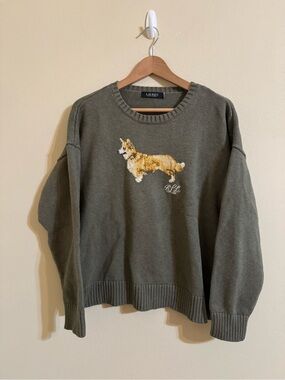 Lauren Ralph Lauren Corgi Dog Intarsia Sweater Knit Green XL